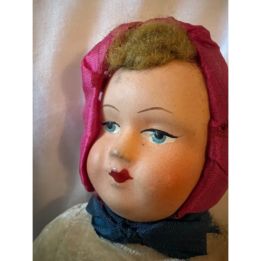 Vintage Cloth Doll Painted Face Bonnet Blue Velvet Dress Handmade 11
